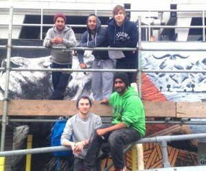 Raj Lilli, Max Lawrence, Lewis Simpson, Simon Fisher and Sachin Limbachia (bottom right) took two weeks to complete the mural.